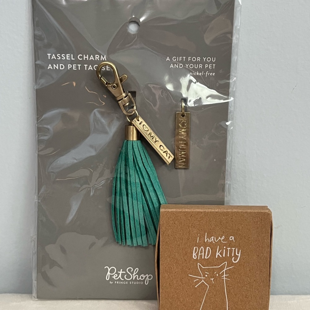Fringe Studio Tassel Charm &Pet Tag Set With”I Have a Bad Kitty” Decorative Tray